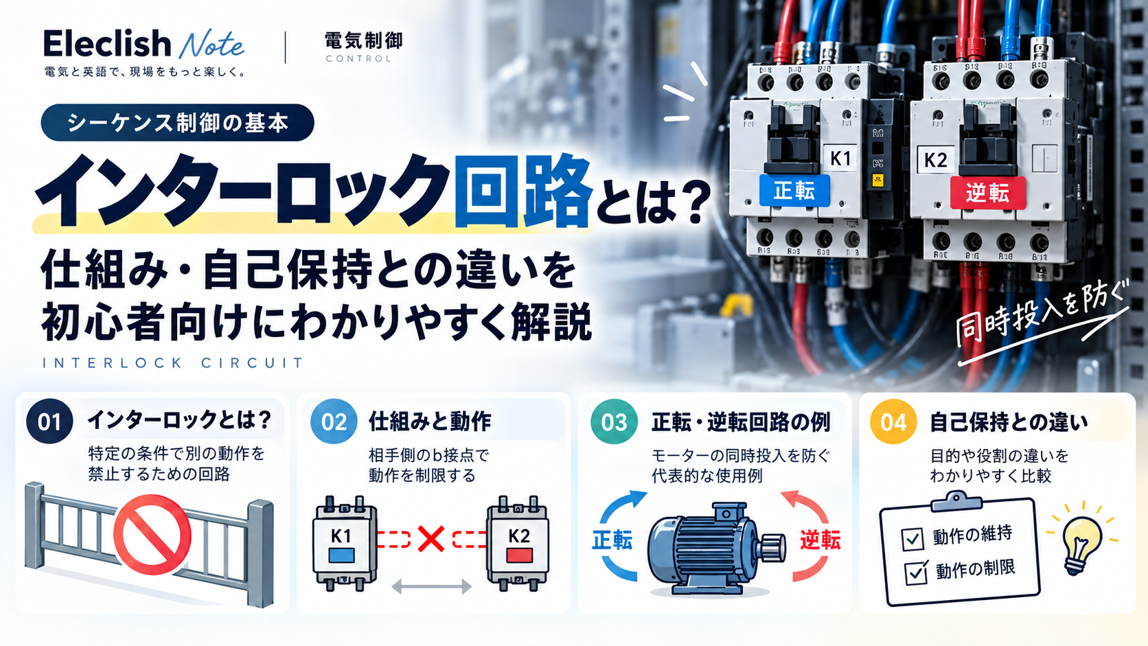 インターロック回路の仕組み、正転・逆転回路の例、自己保持との違いを紹介する画像