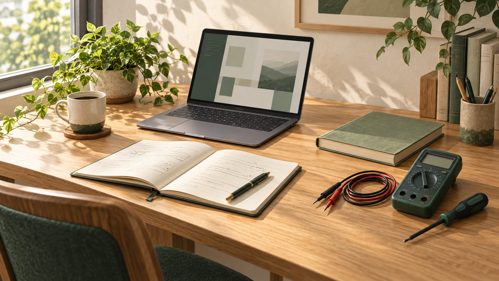 電気と英語の学びをイメージした、ノートと工具のあるデスク